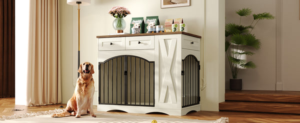 English Elm Go Farmhouse Wooden Dog Crate End Table with 3 Drawers and Built-in Pet Feeder N704P371282D