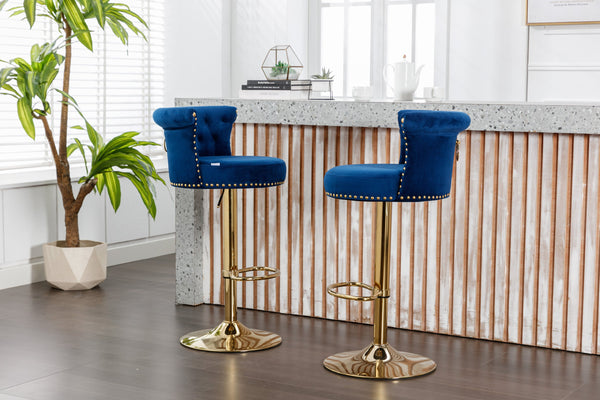 English Elm UNITED Velvet 360° Rotating Bar Chair with Diamond Stitching, Gold Frame, Plush Foam Seat, Adjustable Height Navy W1568P361717