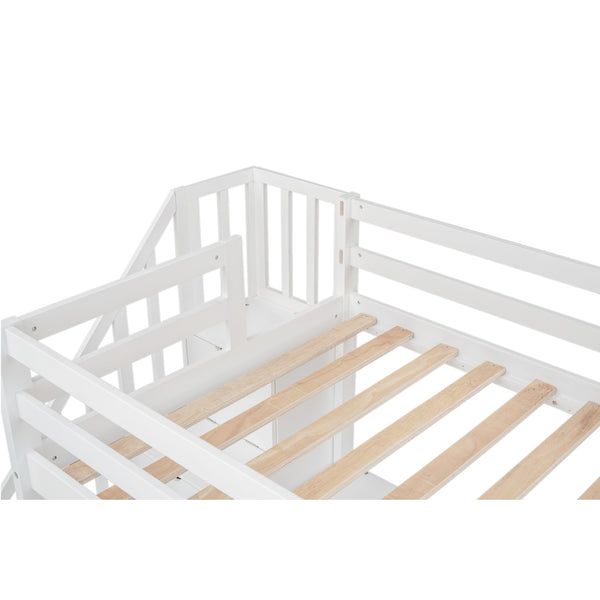 English Elm Twin Loft Bed with Built-In Desk and Double Storage Drawers, Pine & MDF Frame for Small Rooms White GX000382AAK