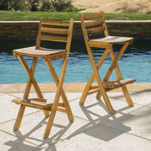 English Elm Outdoor Acacia Folding Barstools Solid Wood Teak Finish Weather Resistant Set of 2 N772P387172B