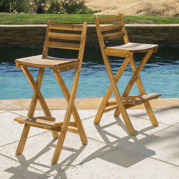 English Elm Outdoor Acacia Folding Barstools Solid Wood Teak Finish Weather Resistant Set of 2 N772P387172B