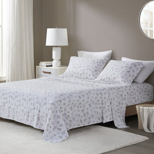 English Elm 4 Pieces Cal King 100% Cotton Flannel Sheet Set - Cozy White Botanical Print For Year-Round Comfort B035P381337