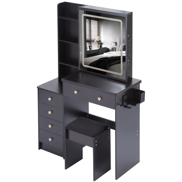 English Elm 37" Designer Vanity Set With Cushioned Stool, Touch Control Led Mirror, Usb Ports & Hair Dryer Stand W936P224320