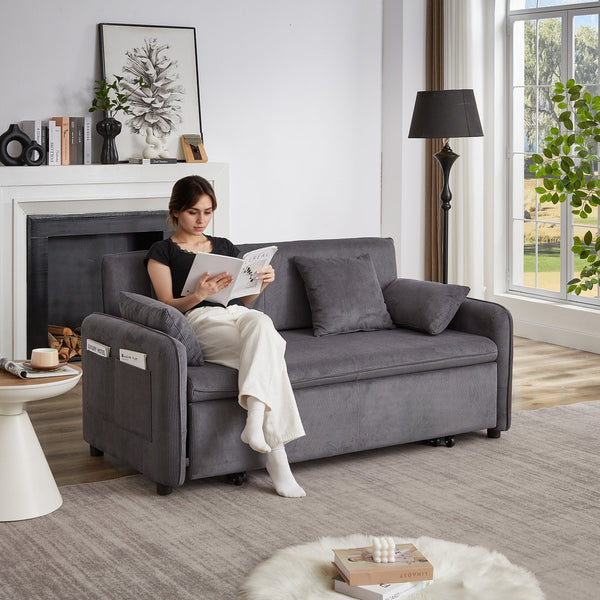 English Elm FX'' 66 Inch Sleeper Sofa Bed 3-in-1 Convertible Pullout Sofa with Plush Corduroy, 4 Pillows, Pockets Grey W1926S00059