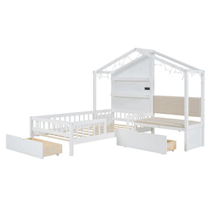 English Elm Twin House Bed Frame with Sofa Seating Led Lighting Drawers and Wireless Charging LP000521AAK-1
