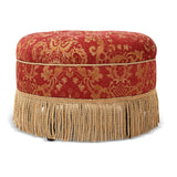 English Elm Yolanda 24" Round Upholstered Accent Ottoman, Red Gold Damask Jacquard With Gold Trim