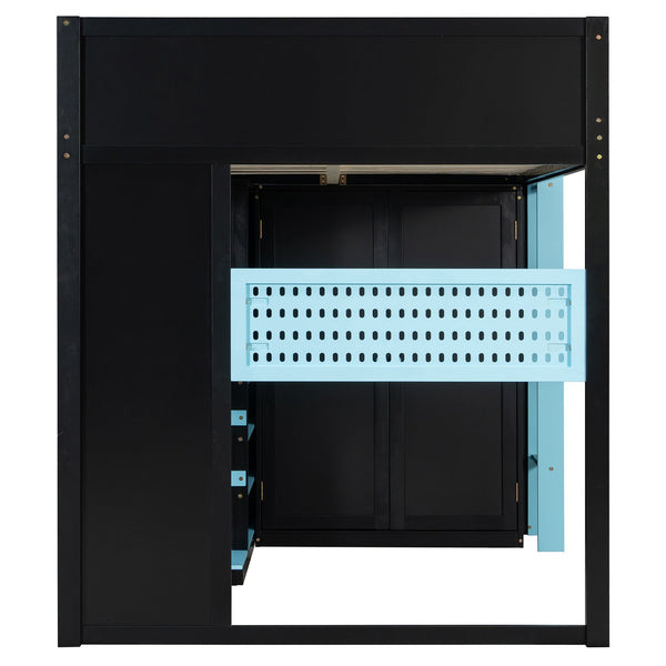 English Elm Full Size Loft Bed with Rgb Lighting Usb Charging Desk Wardrobe and Storage Shelves Blue LT000387AAC