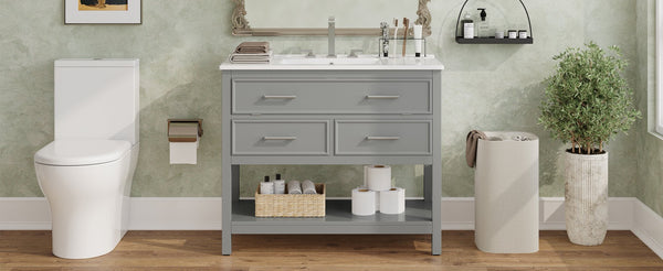 English Elm Christopher Knight Home® - 36" Modern Bathroom Vanity with Ceramic Sink, Tip-Out Tray, Soft-Close Drawers, Open Shelf, Waterproof Surface Gray N817P288908G