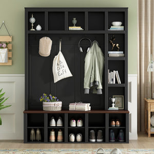 English Elm Farmhouse Hall Tree Walnut Bench Two-tone Entryway Organizer with Six Hooks Shoe Storage N721S000044B-1
