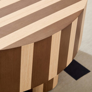 English Elm Round Red Oak Veneer Coffee Table Low Profile Two Tone Striped Modern Living Room Natural,Walnut W2085P384773