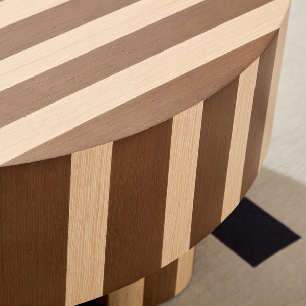 English Elm Round Red Oak Veneer Coffee Table Low Profile Two Tone Striped Modern Living Room Natural,Walnut W2085P384773
