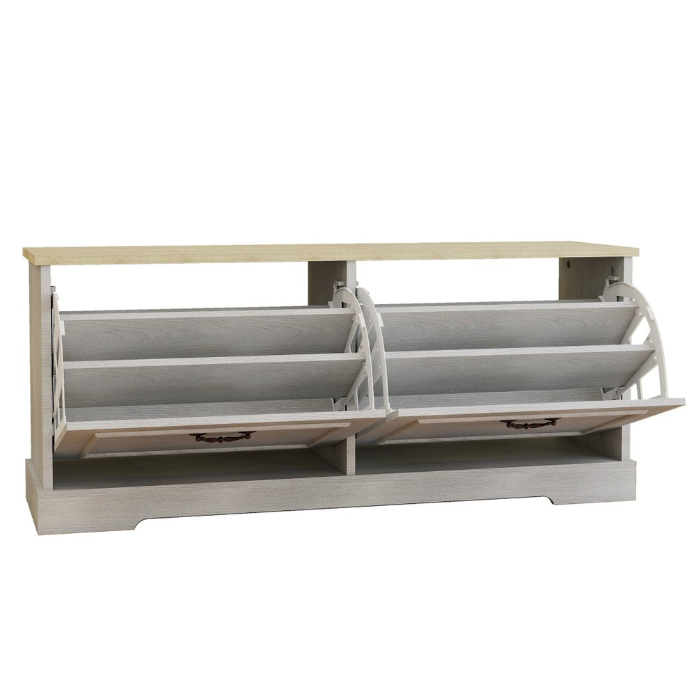 English Elm Shoe Storage Bench With Elegant Antique White Finish, 2 Flip Drawers & Adjustable Shelf For Versatility W1120P290636-GIGA