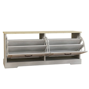 English Elm Shoe Storage Bench With Elegant Antique White Finish, 2 Flip Drawers & Adjustable Shelf For Versatility W1120P290636-GIGA