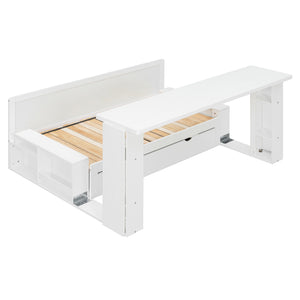 English Elm Full Size Daybed with Hydraulic Desk Armrests Storage Drawer and Sofa Seating White LT000271AAK