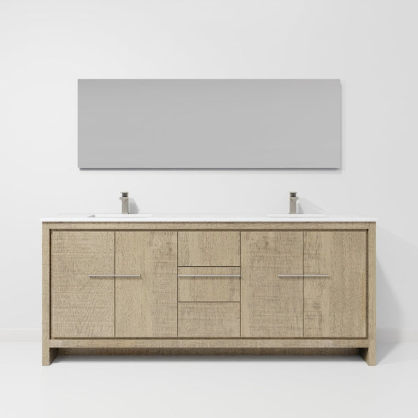 English Elm Rustic Acacia Double Bath Vanity Set With White Quartz Top, Gun Metal Faucet & Large 70" Mirror B2731S01693-GIGA