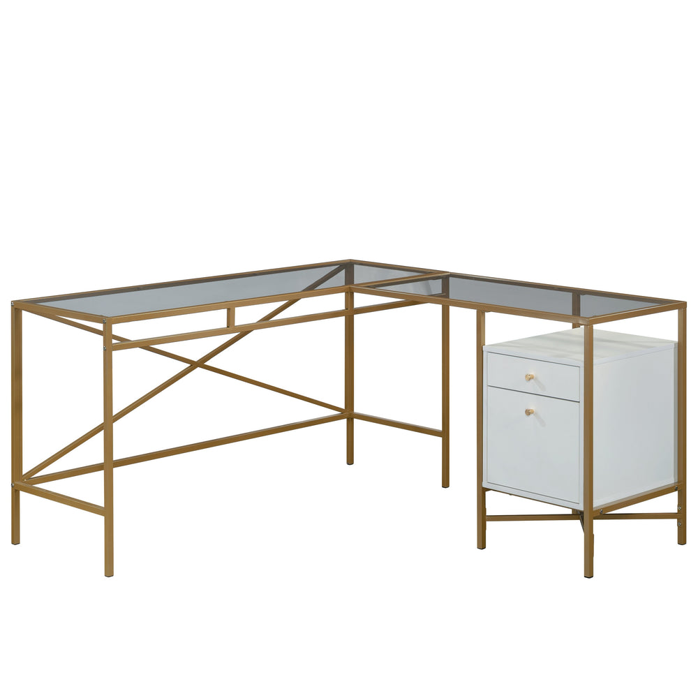 English Elm L-Shaped Desk With Elegant White Finish & Gold Accents - Spacious, Stylish, Multifunctional Workspace B356P367736