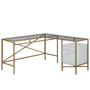 English Elm L-Shaped Desk With Elegant White Finish & Gold Accents - Spacious, Stylish, Multifunctional Workspace B356P367736