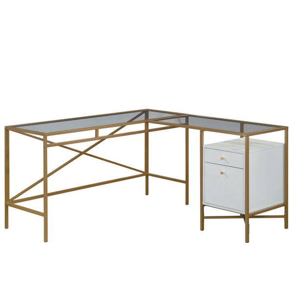 English Elm L-Shaped Desk With Elegant White Finish & Gold Accents - Spacious, Stylish, Multifunctional Workspace B356P367736