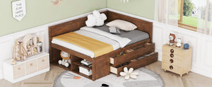 English Elm Full Size Daybed with Storage Drawers Open Shelves Low Profile Contemporary Frame Walnut LP102023AAD