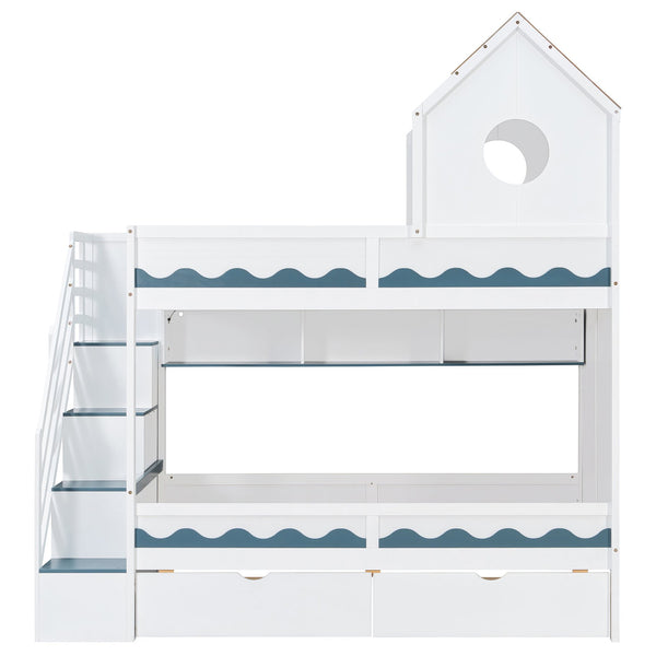 English Elm Twin Over Kids Bunk Bed with Castle Roofline Led Lights and Staircase Storage White N820S00068K