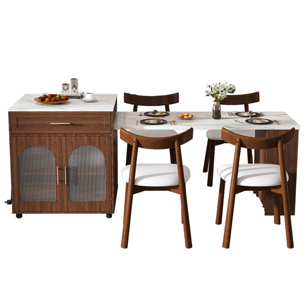 English Elm 80-inch Expandable Island Dining Set Walnut Marble Top Power Outlets 4 Wood Chairs W2700S00141