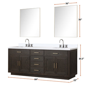 English Elm Brown Oak Double Bath Vanity 84" W, White Quartz Top, Chrome Faucets & 36" Mirrors For Elegance B2731S01815