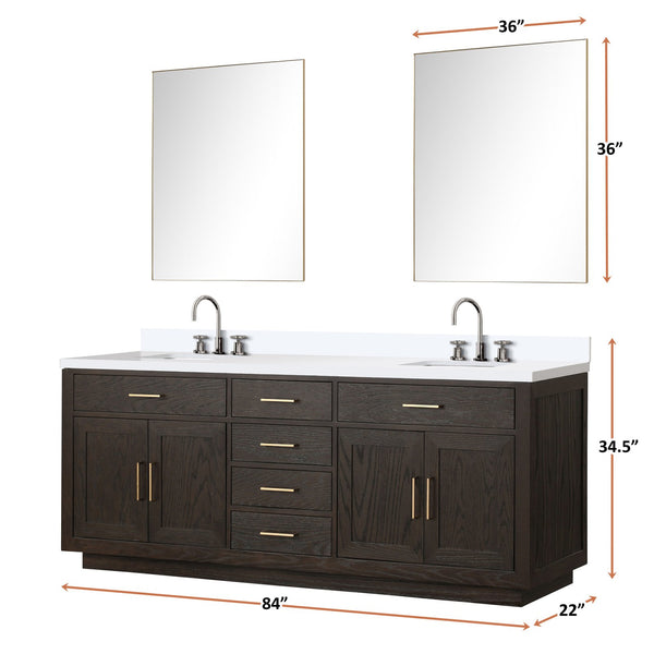 English Elm Brown Oak Double Bath Vanity 84" W, White Quartz Top, Chrome Faucets & 36" Mirrors For Elegance B2731S01815
