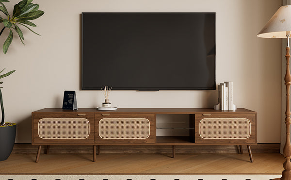 English Elm 78" Rattan TV Stand for 75-85" TVs with Glass Shelves, Solid Wood Legs, Soft-Close Doors, Walnut Finish N710P298238P