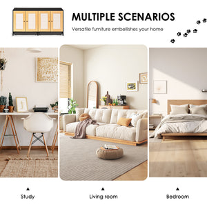 English Elm Double Double Litter Box Enclosure with Rattan Doors for 2 Cats, Sisal Scratching Panels, Wheels, Oak Finish W1687P181573