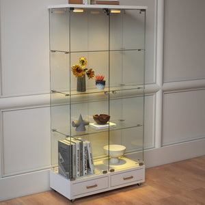 English Elm Modern Glass Display Cabinet With Led Lights & Drawers - Stylish 4-Shelf Storage For Any Room W241S00058