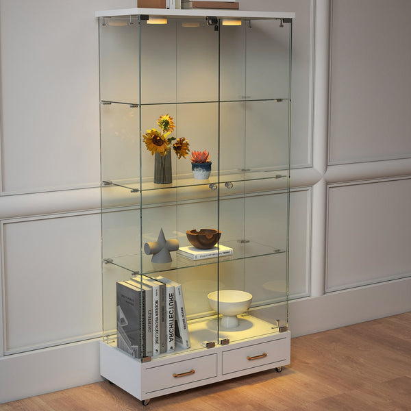 English Elm Modern Glass Display Cabinet With Led Lights & Drawers - Stylish 4-Shelf Storage For Any Room W241S00058