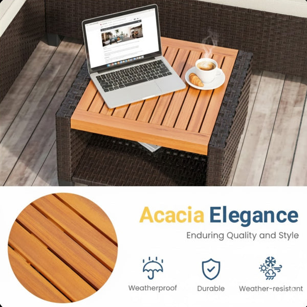 English Elm 3-piece Outdoor Pe Rattan L-shaped Sectional with Acacia Storage Table for Patio Beige+Brown B082P455128