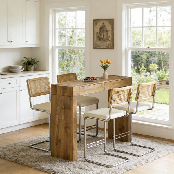English Elm 4-piece Bar Set with Wood Grain Table Two Storage Drawers and Pu Leather Cushioned Stools W2920S00114
