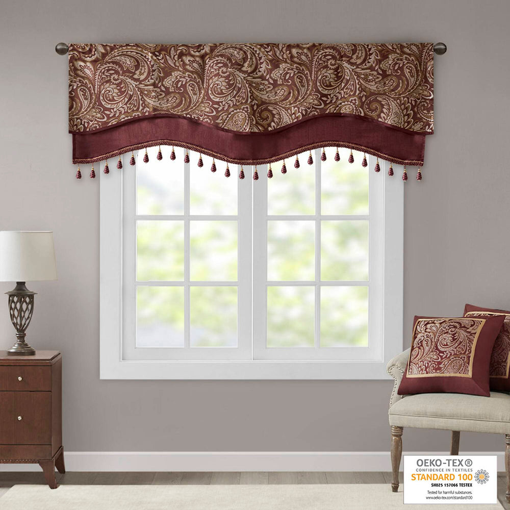 JLA Home Madison Park - Jacquard Aubrey Beaded Valance with Paisley Weave, Faux-Silk Shine, Scalloped Hem & Gold Trim Burgundy MP41-4991