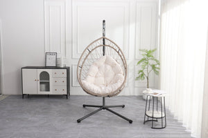 English Elm Outdoor Egg-shaped Hanging Chair with Stand — Beige Gray+White HDPE Cushions, 350lb Sturdy Frame W2500P290032