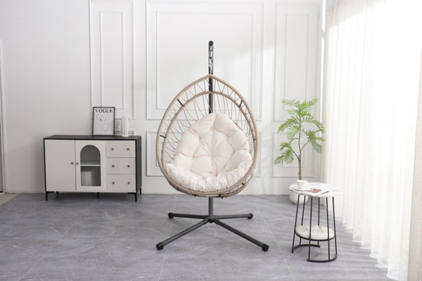English Elm Outdoor Egg-shaped Hanging Chair with Stand — Beige Gray+White HDPE Cushions, 350lb Sturdy Frame W2500P290032