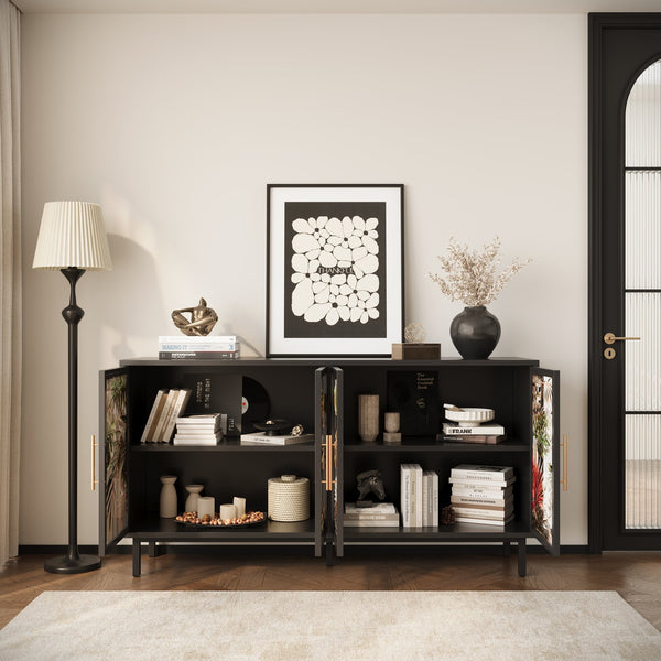 English Elm 60.3" Black Buffet Cabinet with Tropical Glazed Glass Doors, 4-Door Storage Console for Living Room W2263P367671