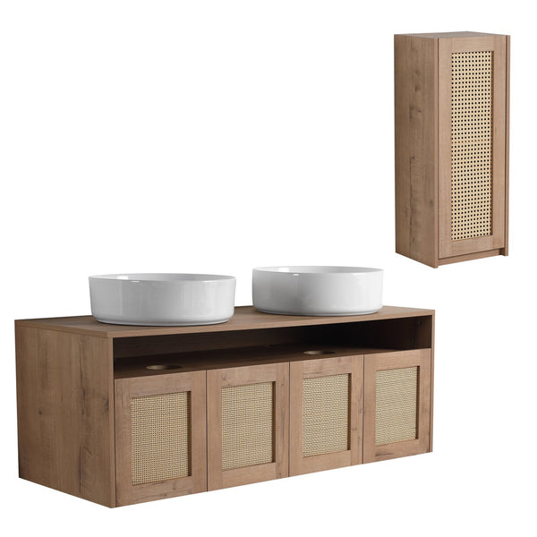 English Elm 48" Floating Bathroom Vanity Oak Finish Dual Ceramic Sinks Four Soft Close Doors W999S00498