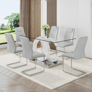 English Elm 1 Table and 6 Chairs Set.63"X35.4 Rectangular Transprant Tempered Glass Dining Tabletop With White Mdf Oc Shaped Bracket.Paried With 6 Light Gray High-Quality Pu Chairs With Silver Metal Legs.