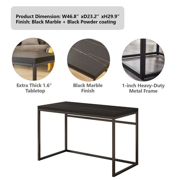 English Elm Home Office Writing Desk with Steel Frame and Scratch Resistant Two Tone Surface Black Marble-Look Sintered Stone W3151P400585