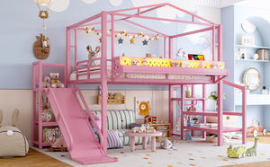 English Elm Twin Metal Loft Bed with Built-in Wardrobe Storage Stairs Led Lights and Usb Ports W5316S00048