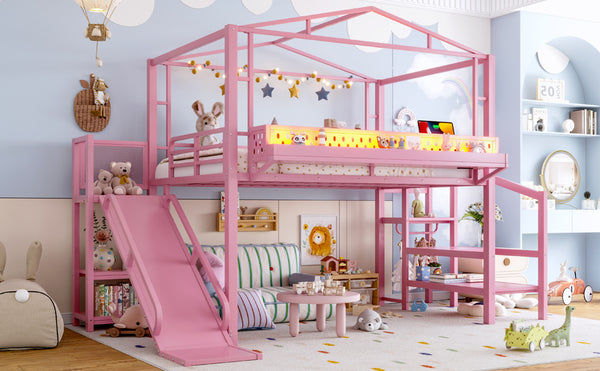 English Elm Twin Metal Loft Bed with Built-in Wardrobe Storage Stairs Led Lights and Usb Ports W5316S00048