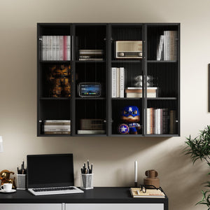 English Elm Wall Mounted Glass Door Cabinet Black Metal Frame Modern Storage for Bath or Kitchen W331P382347