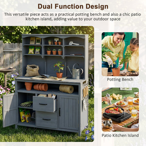 English Elm (with Hutch) Topmax Solid Fir Outdoor Potting Bench Station Cabinets Drawers Patio Garden Gray N717P404332E