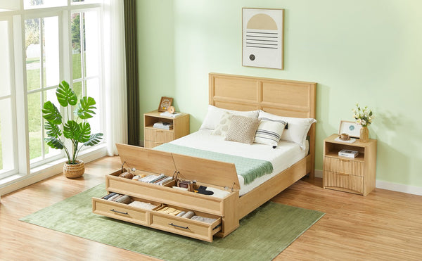 English Elm Queen Storage Bed with Geometric 3d Headboard Four Drawers and Walnut Finish W1820S00046