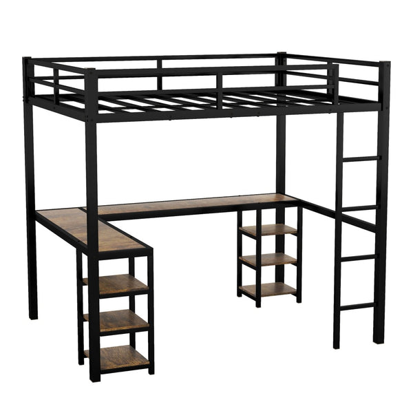 English Elm Twin Xl Metal Loft Bed With Integrated Desk And Storage, Stylish Space-Saving Solution In Black Finish W1580S00045-GIGA