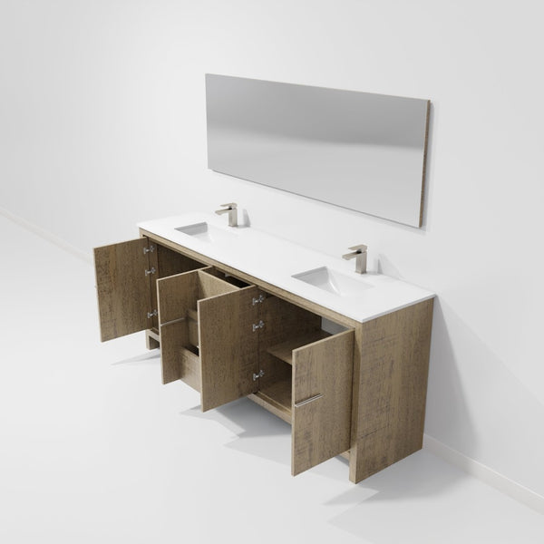 English Elm Rustic Acacia Double Bath Vanity Set With White Quartz Top, Gun Metal Faucet & Large 70" Mirror B2731S01693-GIGA
