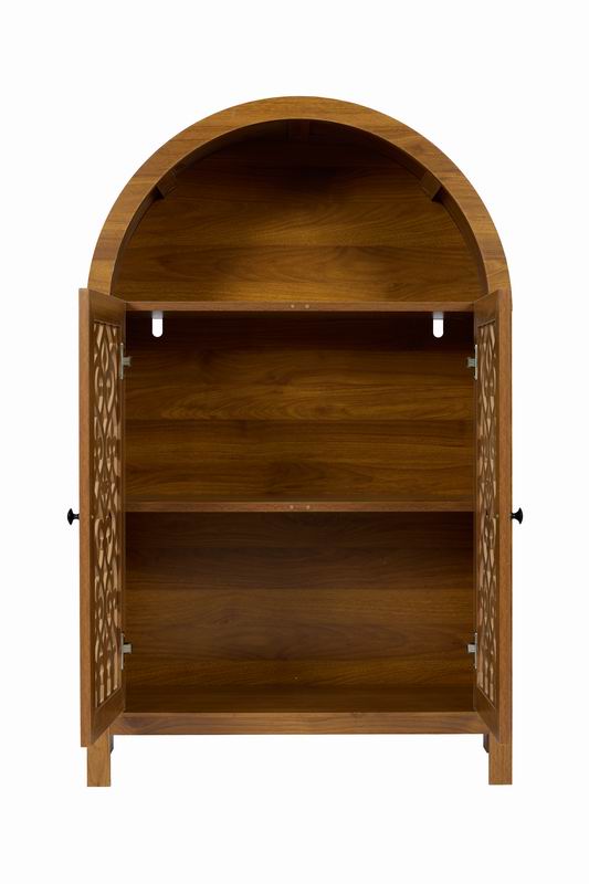 English Elm Hand-carved Solid Wood Tall Narrow Cabinet with Floral Arched Doors and Open Shelving W3123P485765