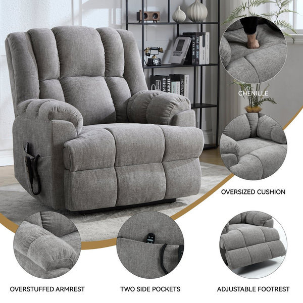 English Elm Dual Motor Power Lift Recliner Chenille Chair with Massage Heat and Infinite Positions Light Gray W3224P288433
