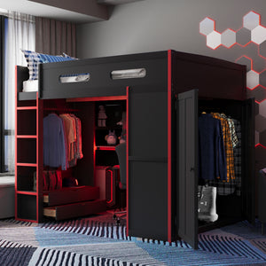 English Elm Full Size Gaming Loft Bed with Rgb Lighting Desk Wardrobe and Built-in Storage Red LT100261AAR